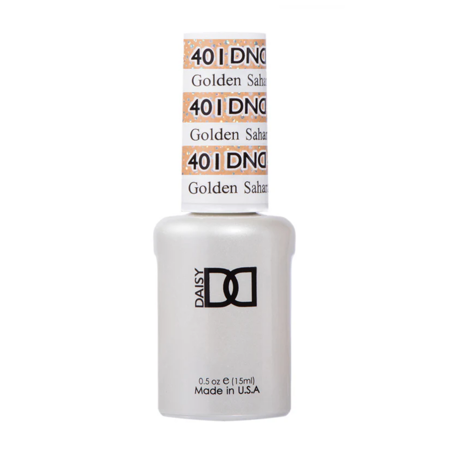 A bottle of DND Gel Polish labeled 'Golden Sahara Star' with a gold glitter appearance.