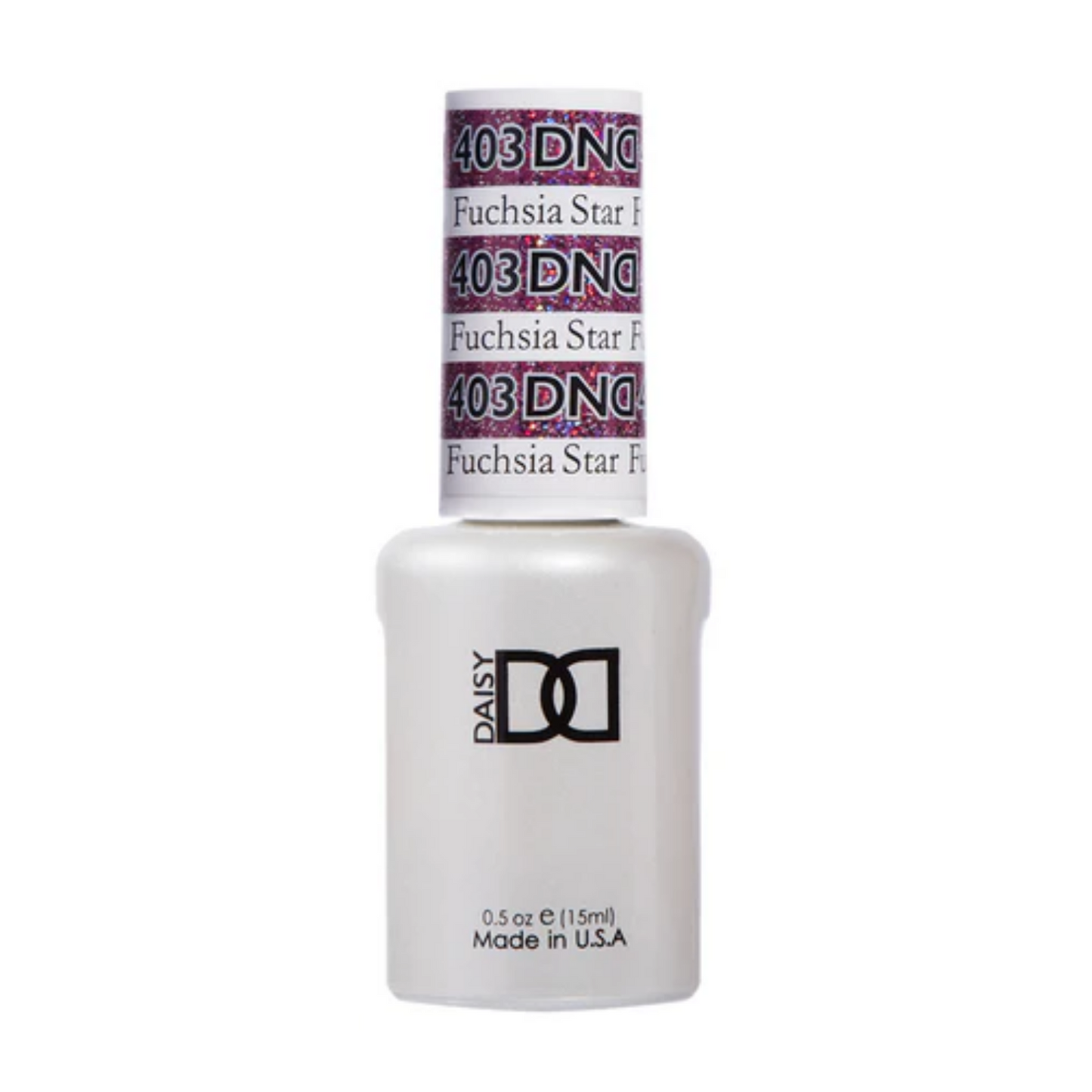 A bottle of DND Gel Polish #403 Fuchsia Star with a pink glitter color.