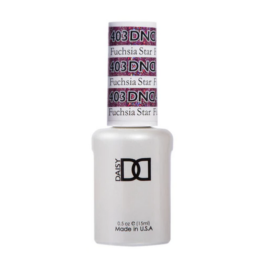 A bottle of DND Gel Polish #403 Fuchsia Star with a pink glitter color.