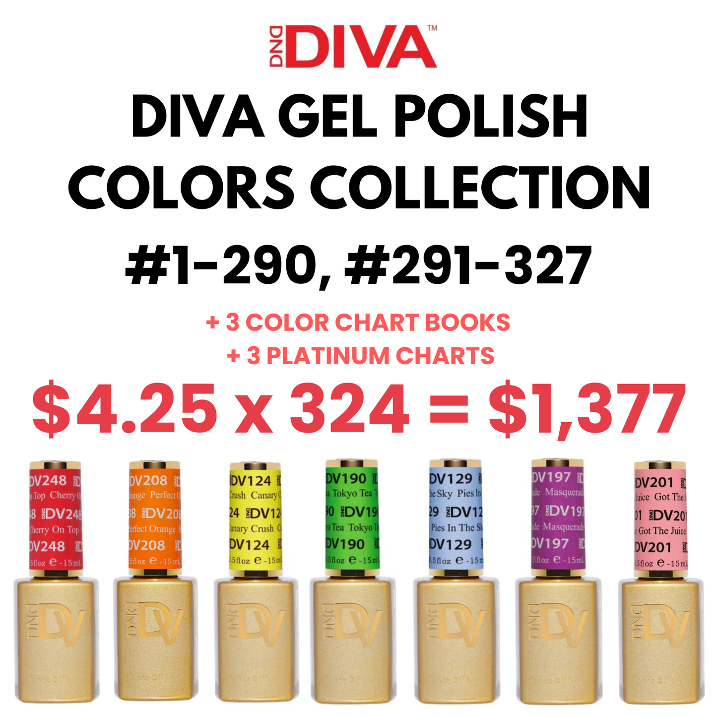 DIVA Gel Polish Colors ONLY Bundle (288 Colors | #001-290) + 3 FREE Color Chart Sets