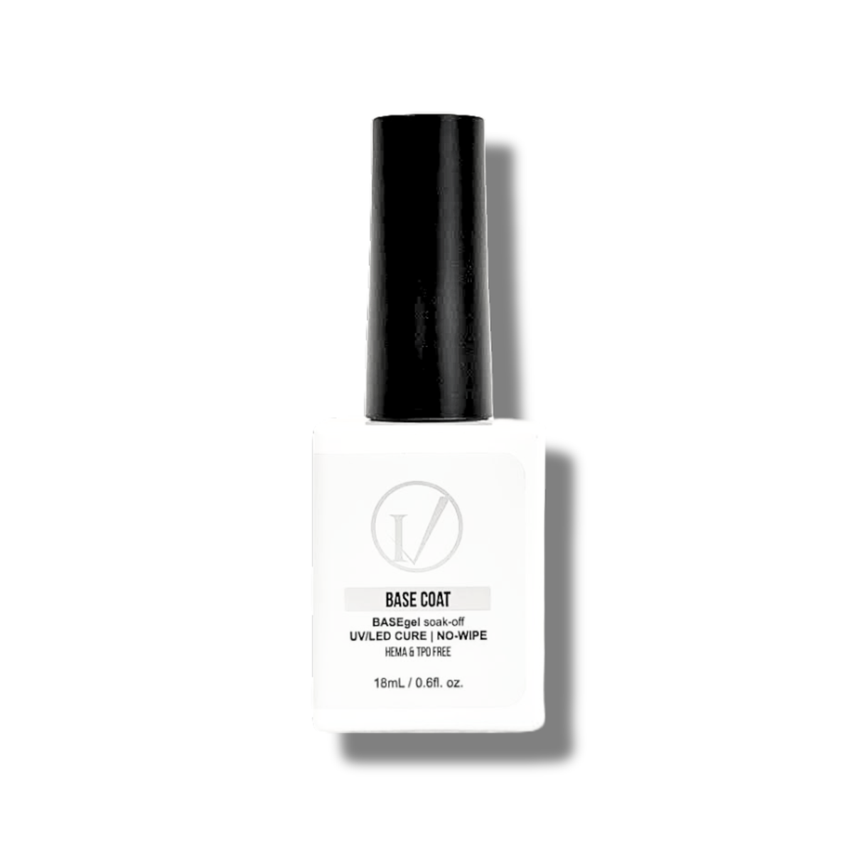A bottle of IVANCA UV/LED gel nail base coat 0.6 ounces and HEMA & TPO Free.