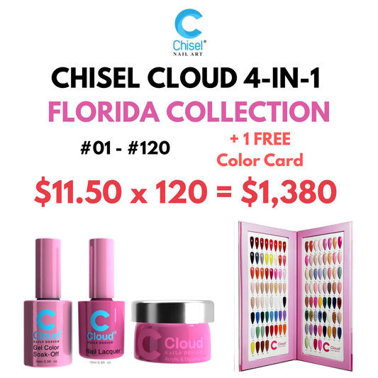 Chisel Nail Art promotional graphic for the Cloud 4-in-1 Florida Collection. Text reads 'CHISEL CLOUD 4-IN-1 FLORIDA COLLECTION', '#01 - #120', '+ 1 FREE Color Card', and '$11.50 times 120 pcs = $1,380 total'