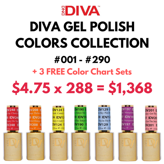 DIVA Gel Polish Colors ONLY Bundle (288 Colors |  #001-290) + 3 FREE Color Chart Sets