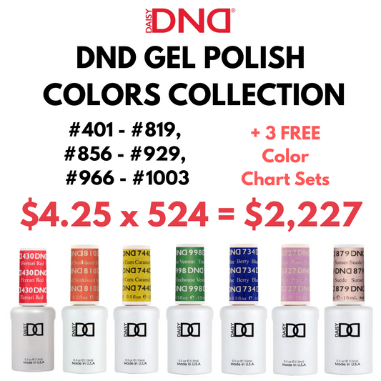 DND Gel Polish Colors ONLY Bundle (524 Colors |  #401-819, #856-929, #966-1003) + 3 FREE Color Chart Sets - (#865 & #871 OUT OF STOCK)