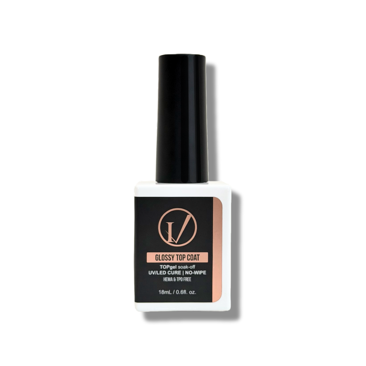 A bottle of IVANCA glossy top coat nail gel 0.6 oz. HEMA & TPO Free.